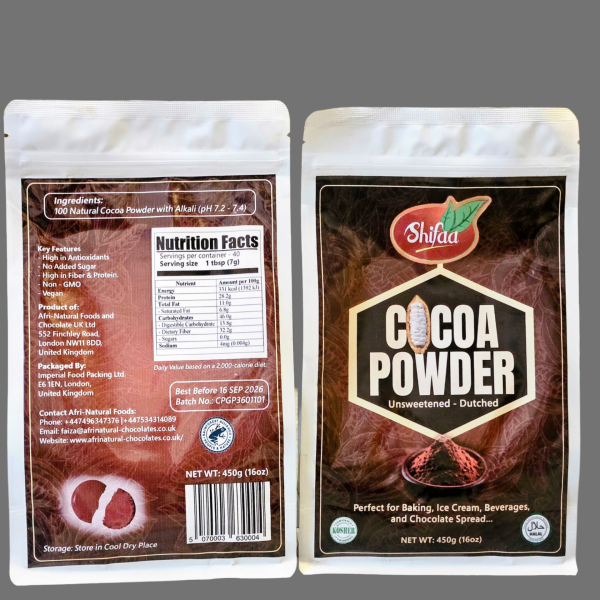 Cocoa Powder Unsweetened, Shifaa Alkalized - Reddish Brown:10 -12% | Rich in Antioxidants, High Fibre & Protein | No Sugar Added | Vegan, Non-GMO | Halal & Kosher | For Baking, Drinks, Desserts – 450g - Image 2