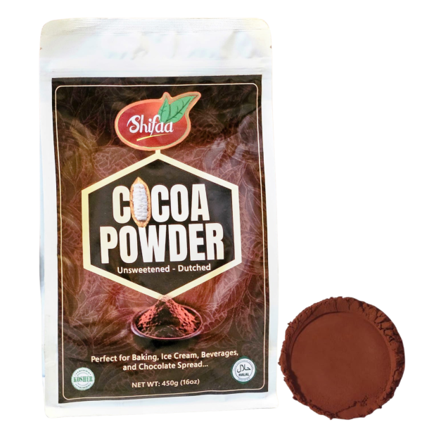 Cocoa Powder Unsweetened, Shifaa Alkalized - Reddish Brown:10 -12% | Rich in Antioxidants, High Fibre & Protein | No Sugar Added | Vegan, Non-GMO | Halal & Kosher | For Baking, Drinks, Desserts – 450g